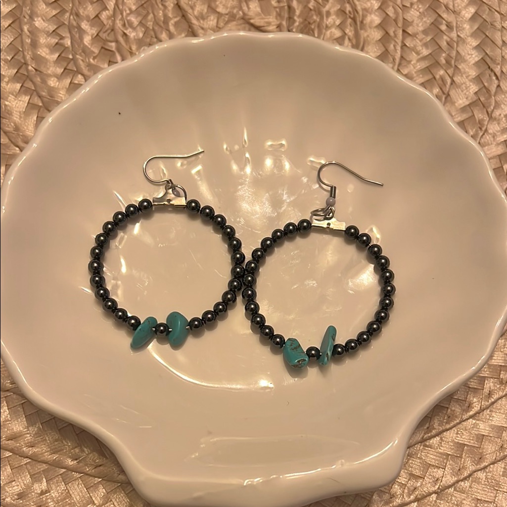 Black And Blue Beaded Hoop Earrings With Silver Hooks 11$